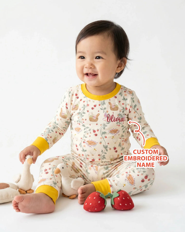 Custom Name Embroidered Picnic Time Bamboo Two Piece Long Sleeve Pajama Set