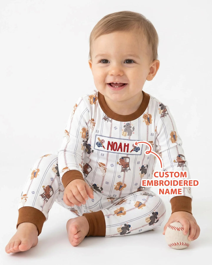 Custom Embroidered Name Baseball Bamboo Two Piece Long Sleeve Pajama Set