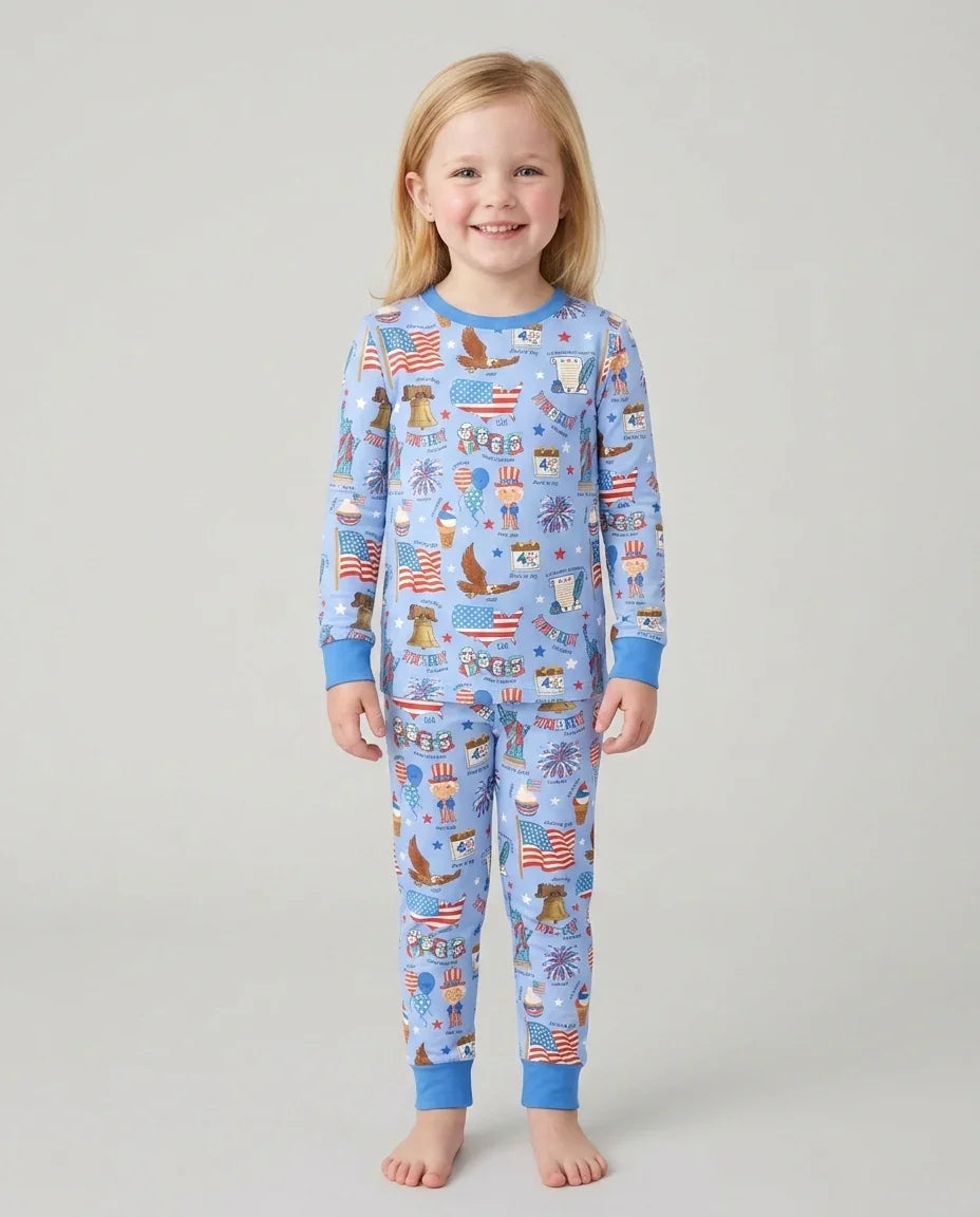 Hand Drawn Patriotic Iconic Bamboo Two Piece Long Sleeve Pajama Set