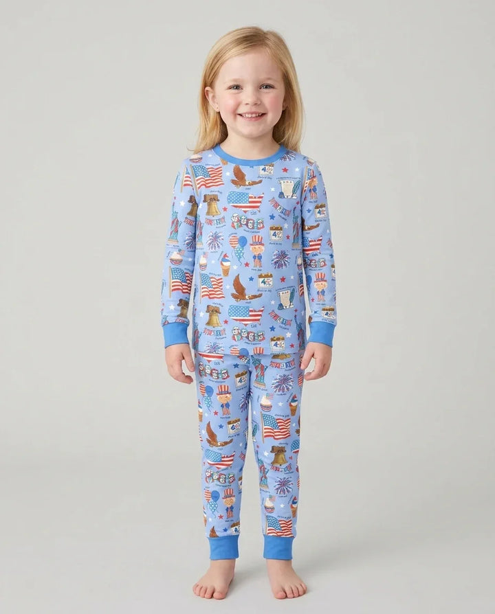 Hand Drawn Patriotic Iconic Bamboo Two Piece Long Sleeve Pajama Set