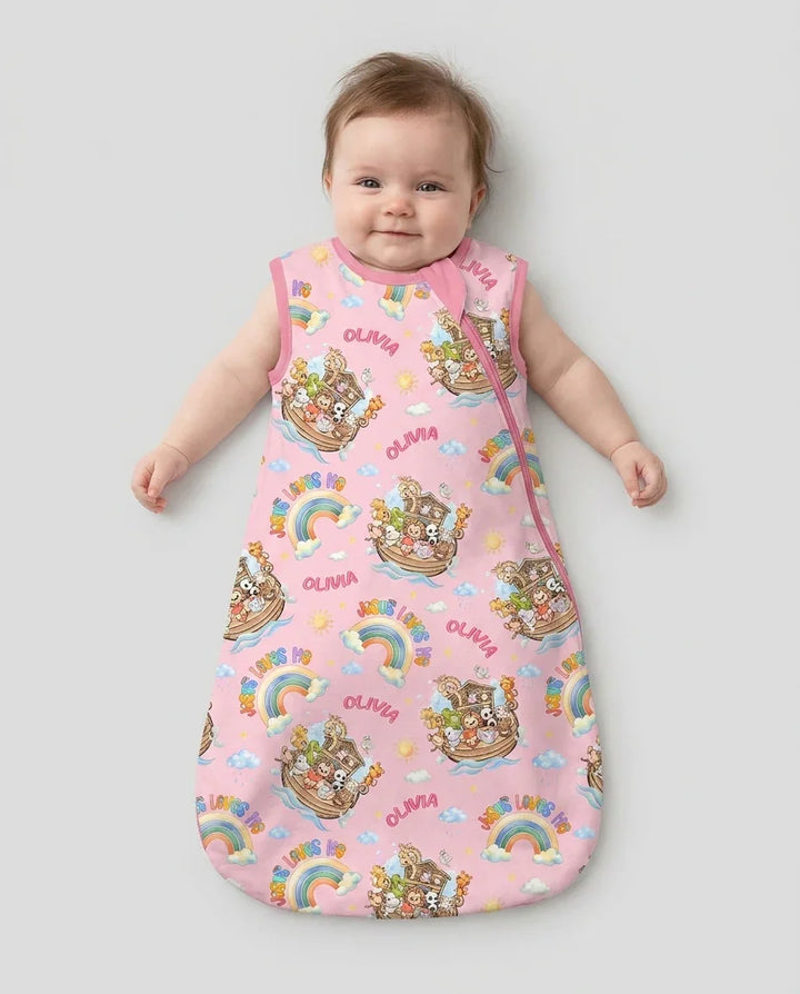 Custom Name Jesus Loves Me Noah's Ark Bamboo Sleep Bag