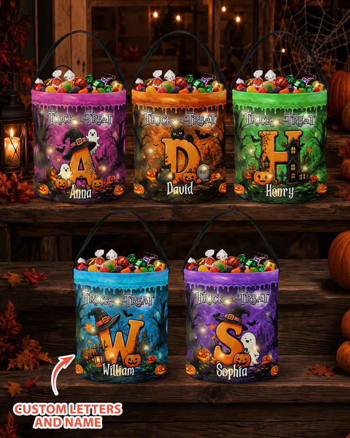 Halloween Initials Spooky Ghost Trick Or Treat Led Light Bucket Bag