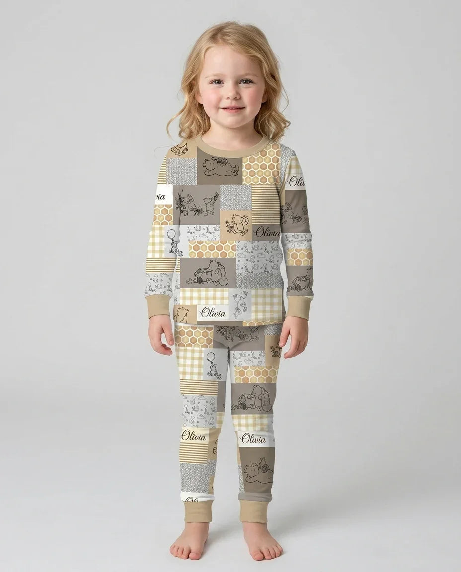 Personalized Classic Bear Patchwork  Bamboo Two Piece Long Sleeve Pajama Set
