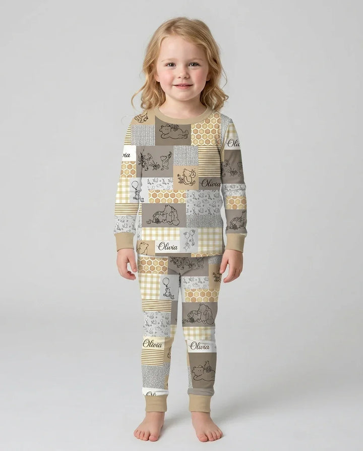 Personalized Classic Bear Patchwork  Bamboo Two Piece Long Sleeve Pajama Set