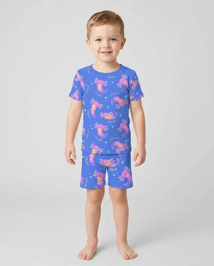 Axolotl Glow Custom Name Bamboo Two Piece Short Sleeve Shorts Pajama Set