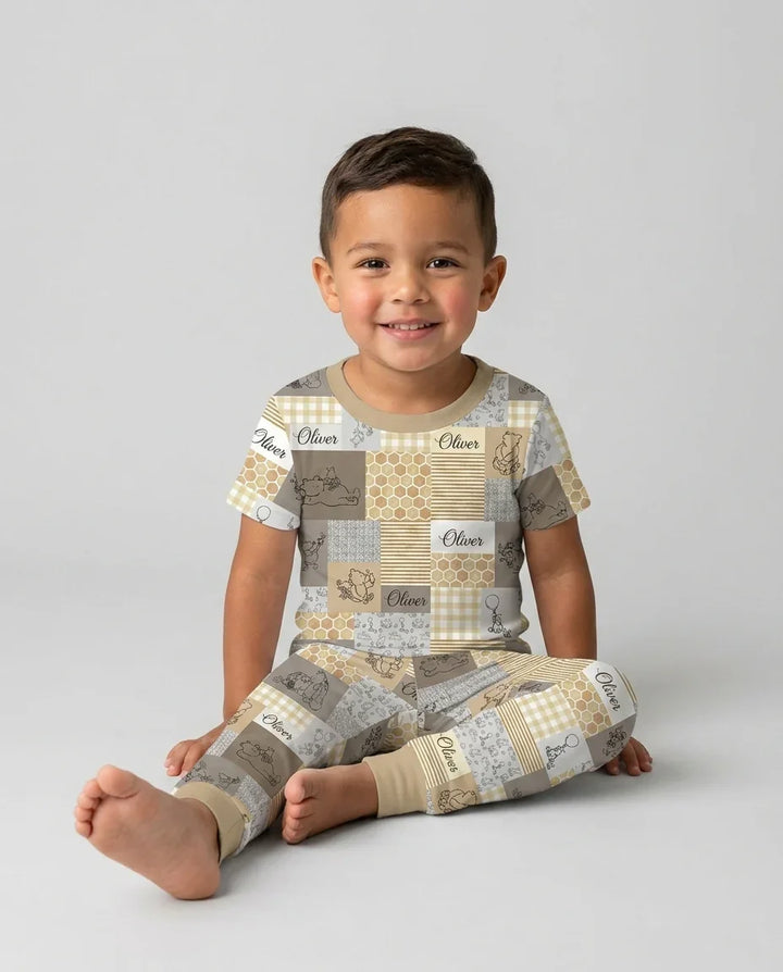 Personalized Classic Bear Patchwork  Bamboo Two Piece Short Sleeve Pajama Set
