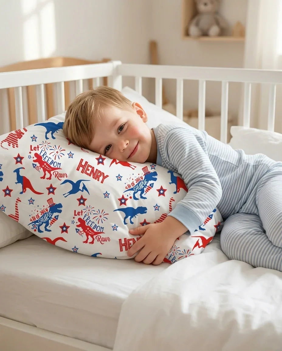 Custom Name Patriotic Dinosaur Bamboo Pillow Case