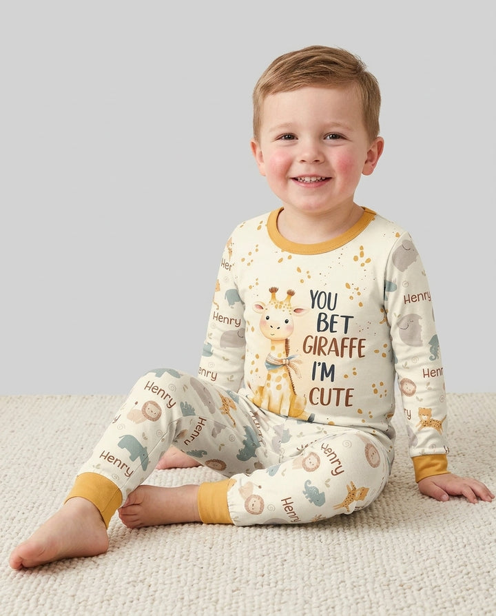 You Bet Giraffe I'm Cute Custom Name Bamboo Two Piece Long Sleeve Pajama Set