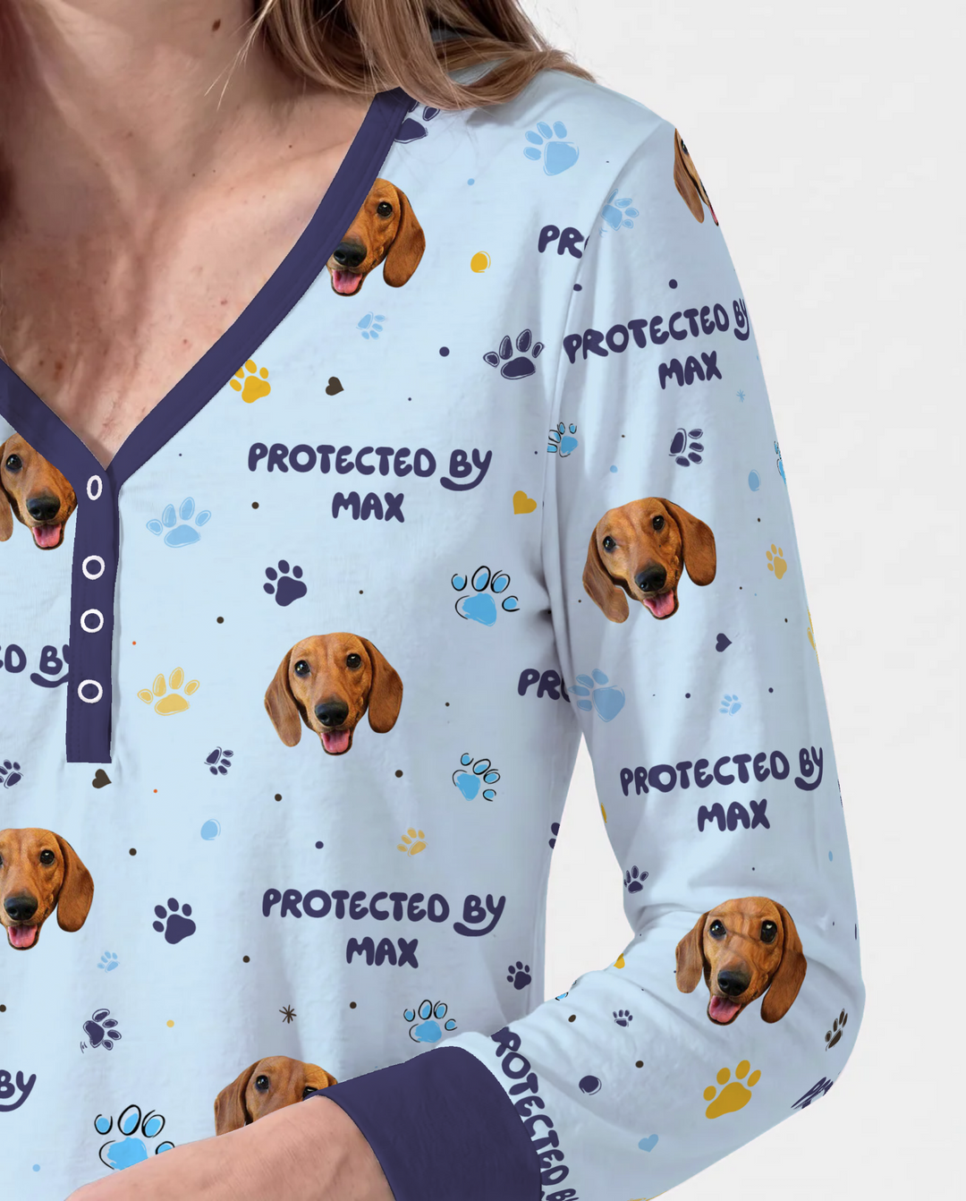 Custom Dog Photos "Protected By" Pawfect Blue Bamboo Women Pajama Set