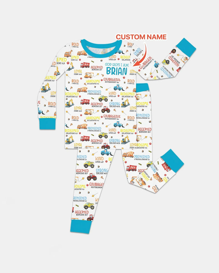 Personalized God Says I Am Little Builder Bamboo Two Piece Long Sleeve Pajama Set