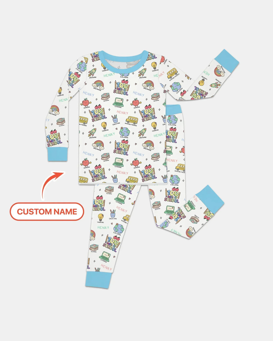 Custom Name Celebration Hundred Days Bamboo Two Piece Long Sleeve Pajama Set