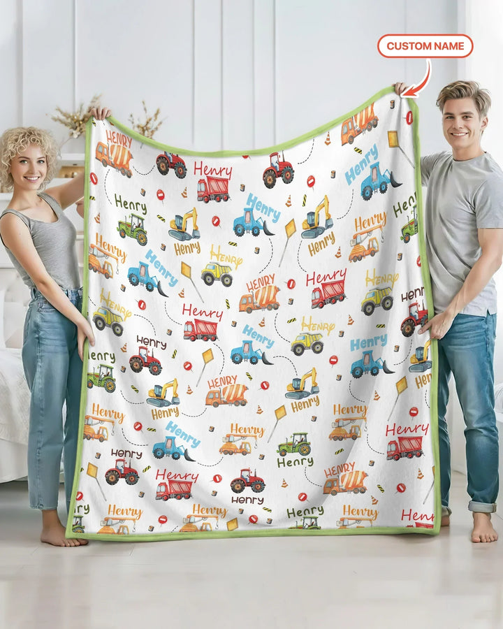 Construction Vehicles Custom Name Bamboo Blanket