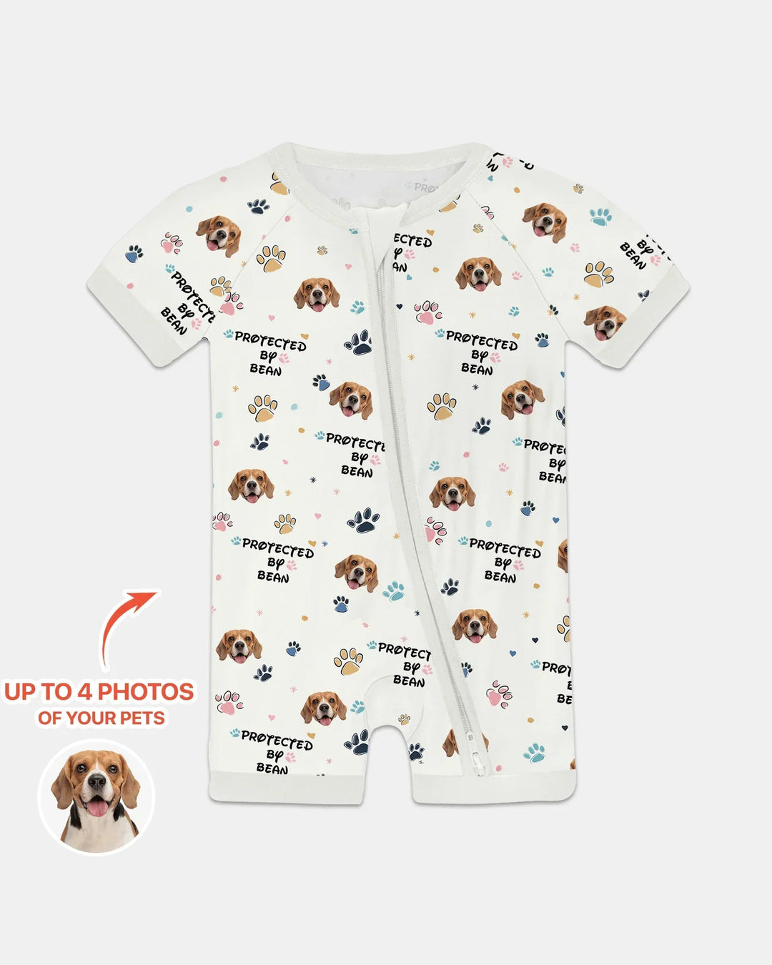 Custom Dog Photo Pattern "Protected By" Bamboo Shorty Zippered Romper