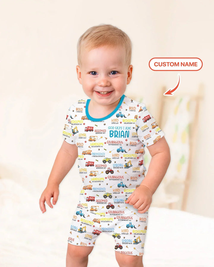 Personalized God Says I Am Little Builder Bamboo Two Piece Short Sleeve Shorts Pajama Set