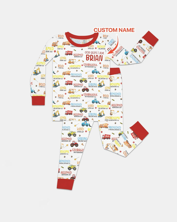 Personalized God Says I Am Little Builder Bamboo Two Piece Long Sleeve Pajama Set