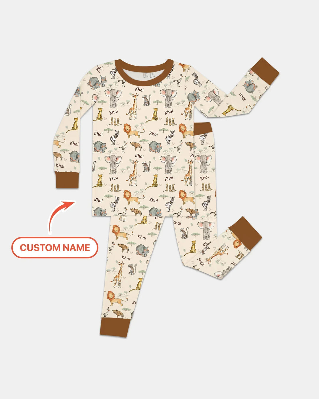Safari Friends Custom Name Bamboo Two Piece Long Sleeve Pajama Set