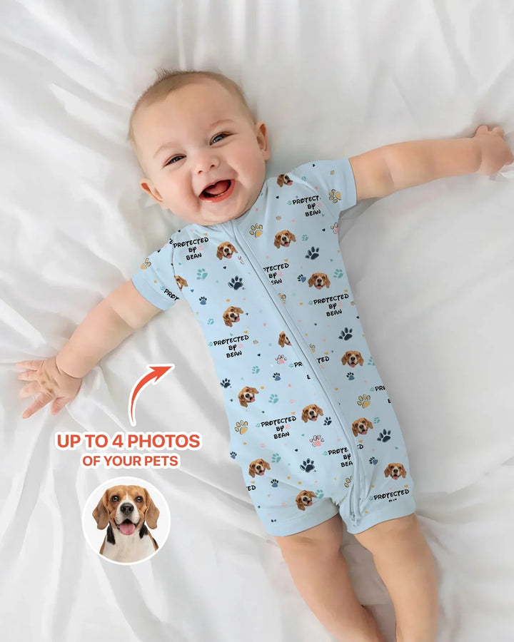 Custom Dog Photo Pattern "Protected By" Bamboo Shorty Zippered Romper