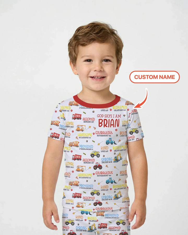 Personalized God Says I Am Little Builder Bamboo Two Piece Short Sleeve Pajama Set
