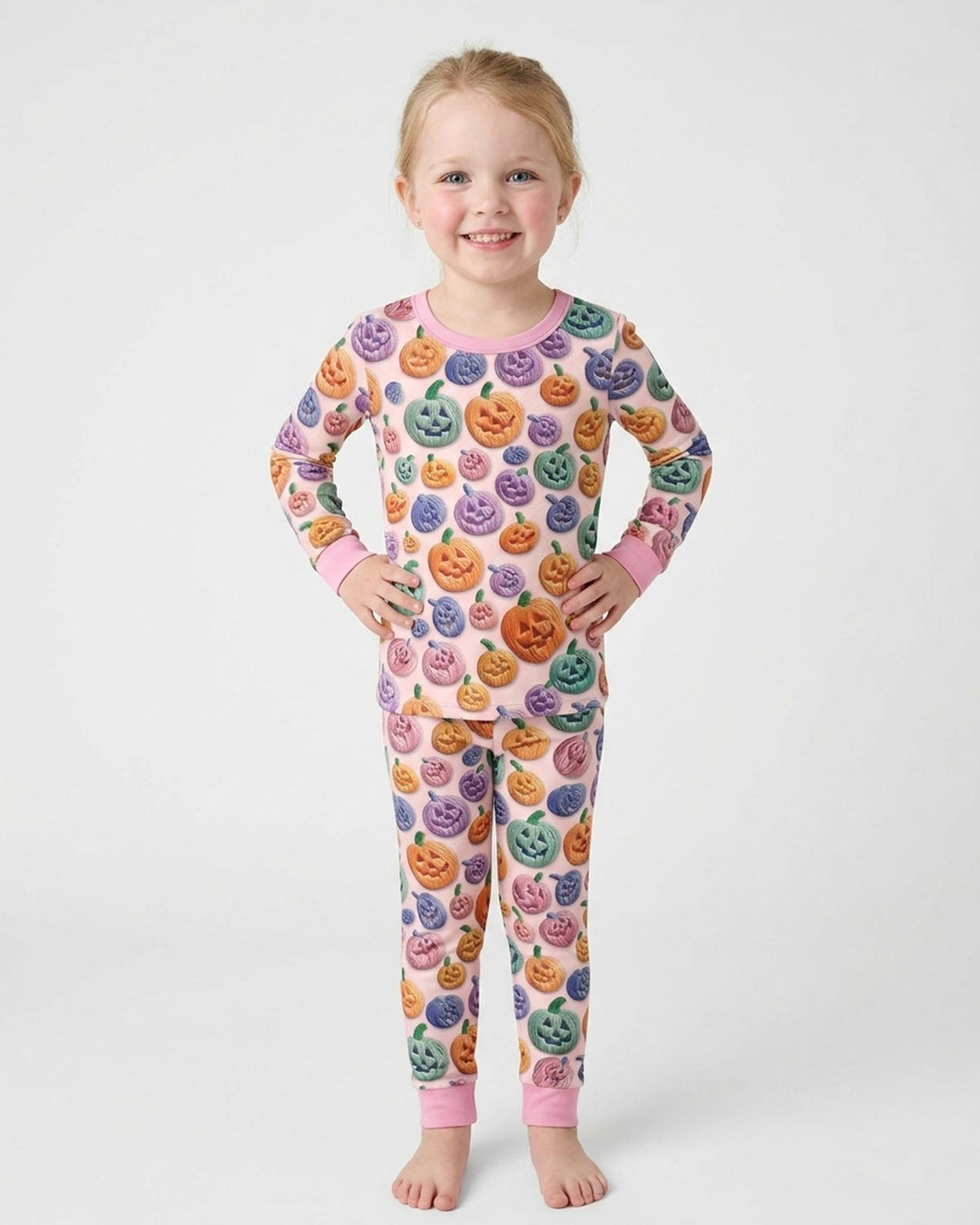 Happy Halloween Pastel Jack O Lanterns Bamboo Two Piece Long Sleeve Pajama Set