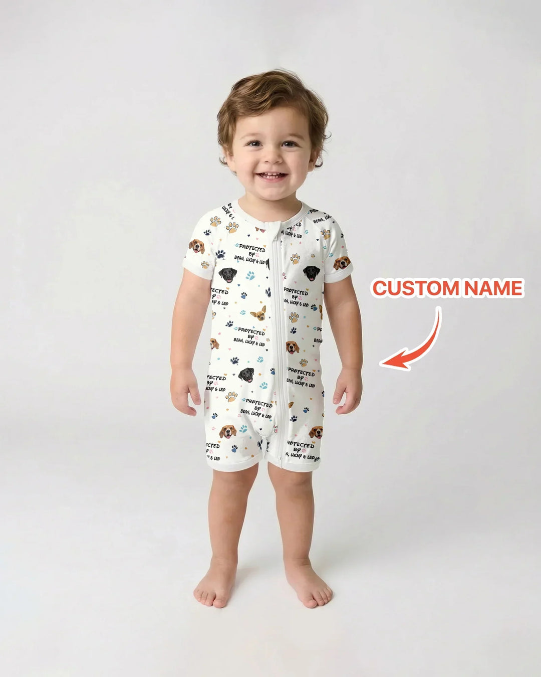 Custom Dog Photo Pattern "Protected By" Bamboo Shorty Zippered Romper