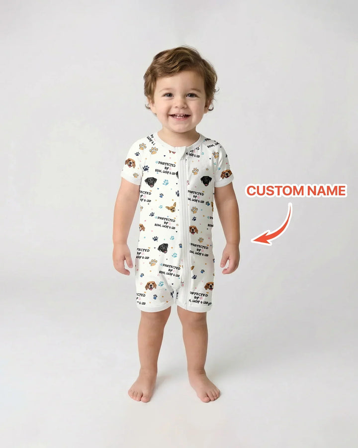 Custom Dog Photo Pattern "Protected By" Bamboo Shorty Zippered Romper
