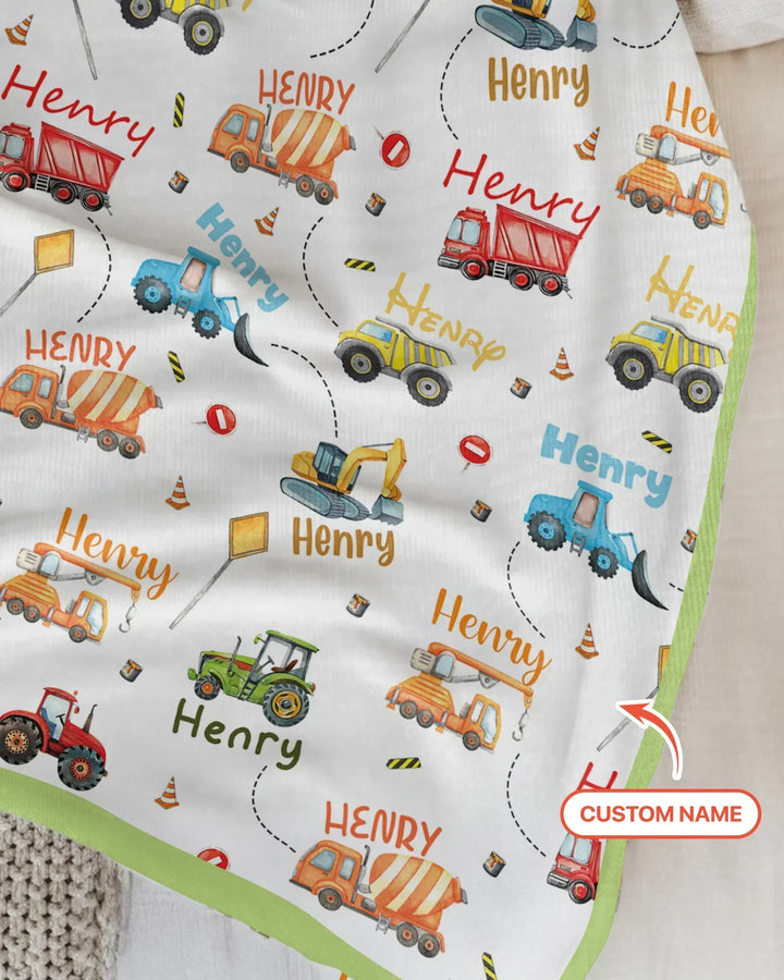 Construction Vehicles Custom Name Bamboo Blanket