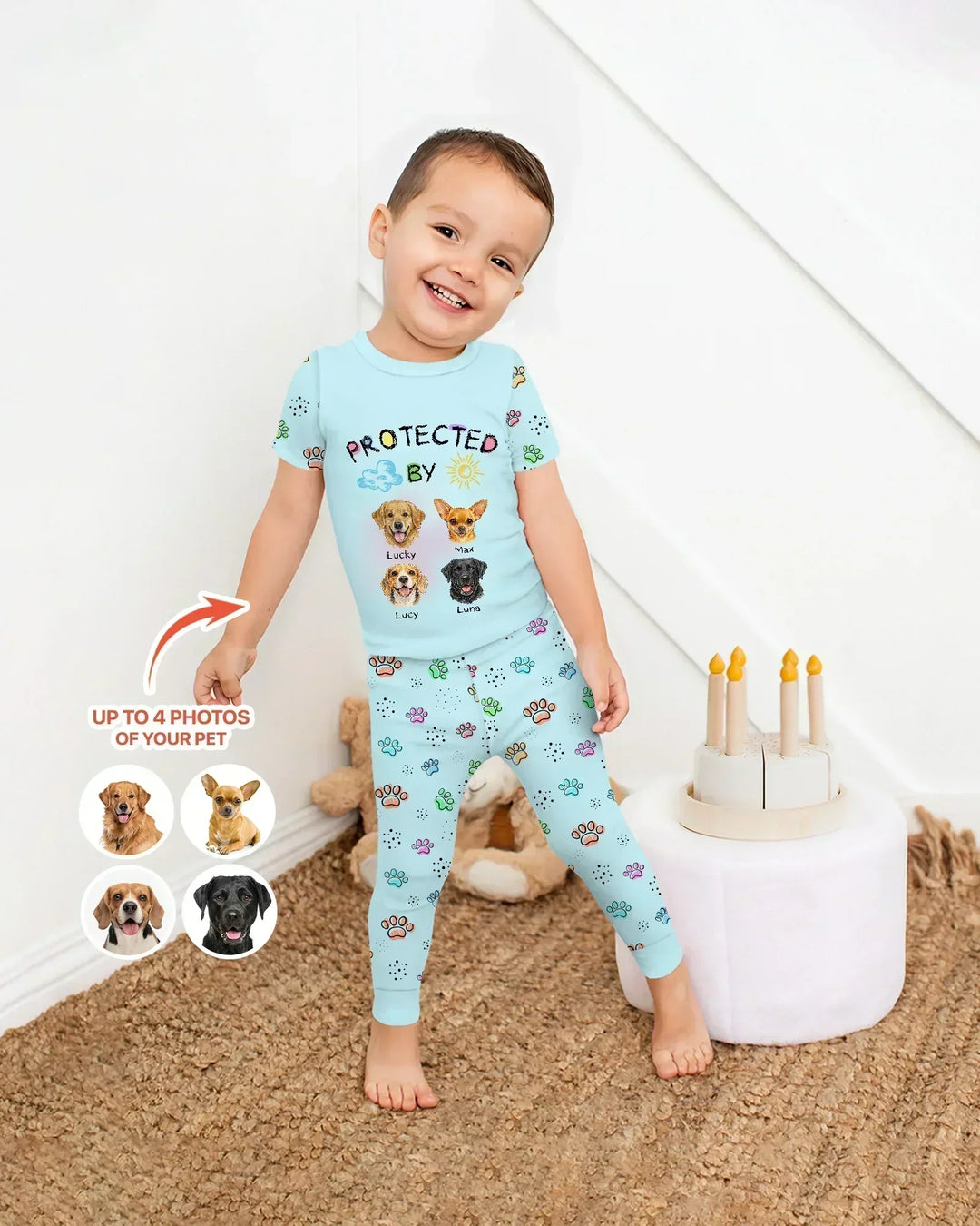 Custom Photo Crayon "Protected By" Bamboo Two Piece Short Sleeve Pajama Set