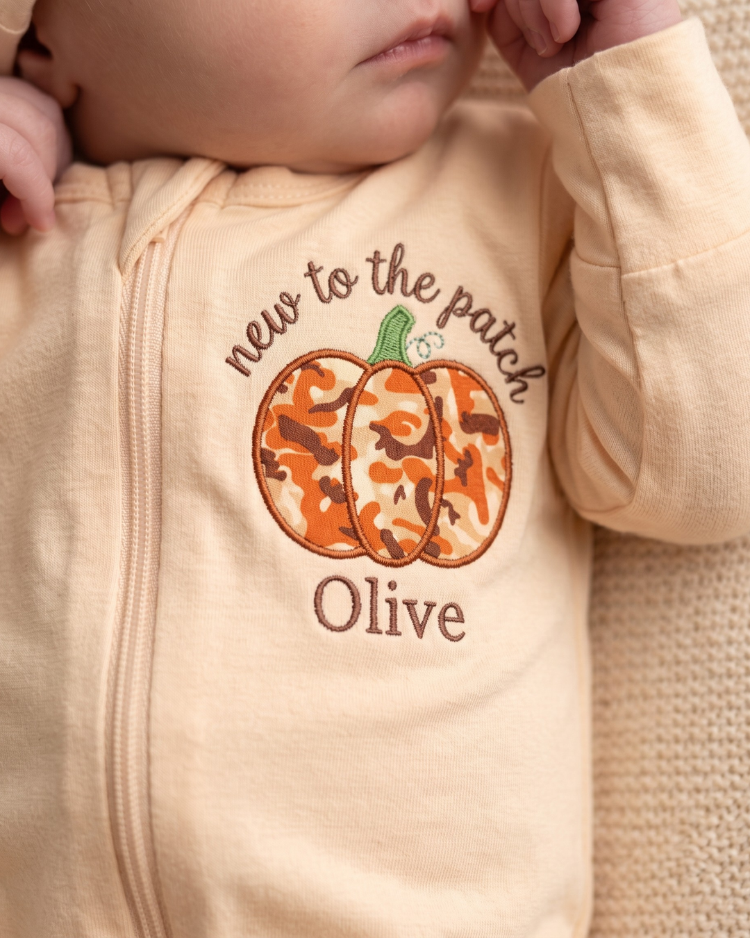 Custom Name New To The Pumpkin Patch Applique Embroidered Bamboo Zipper Footie