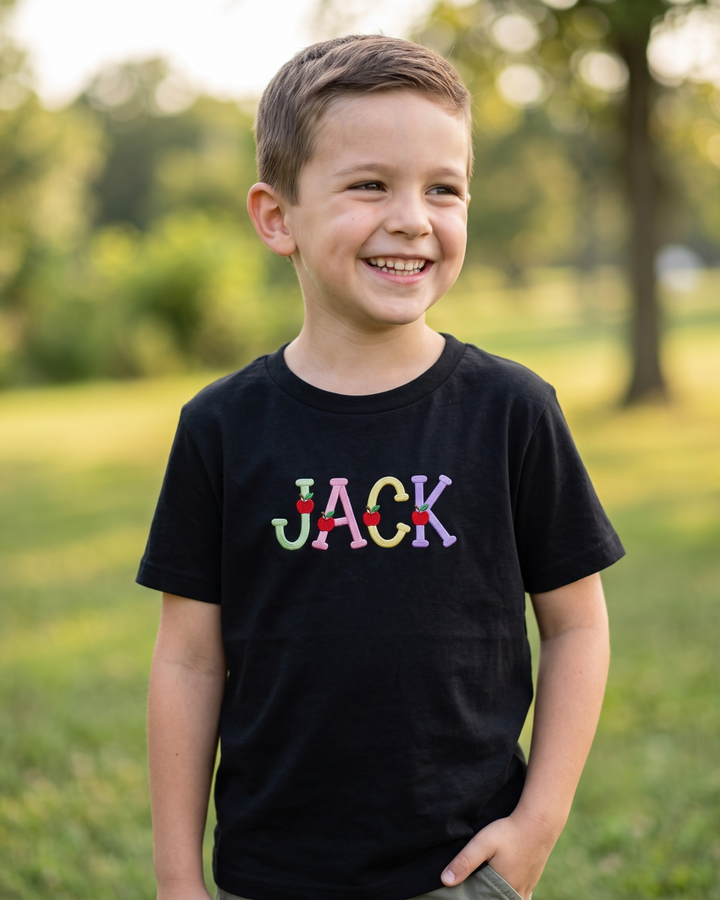 Custom Name Color Apple Alphabet Embroidered Bamboo Crewneck T-Shirt