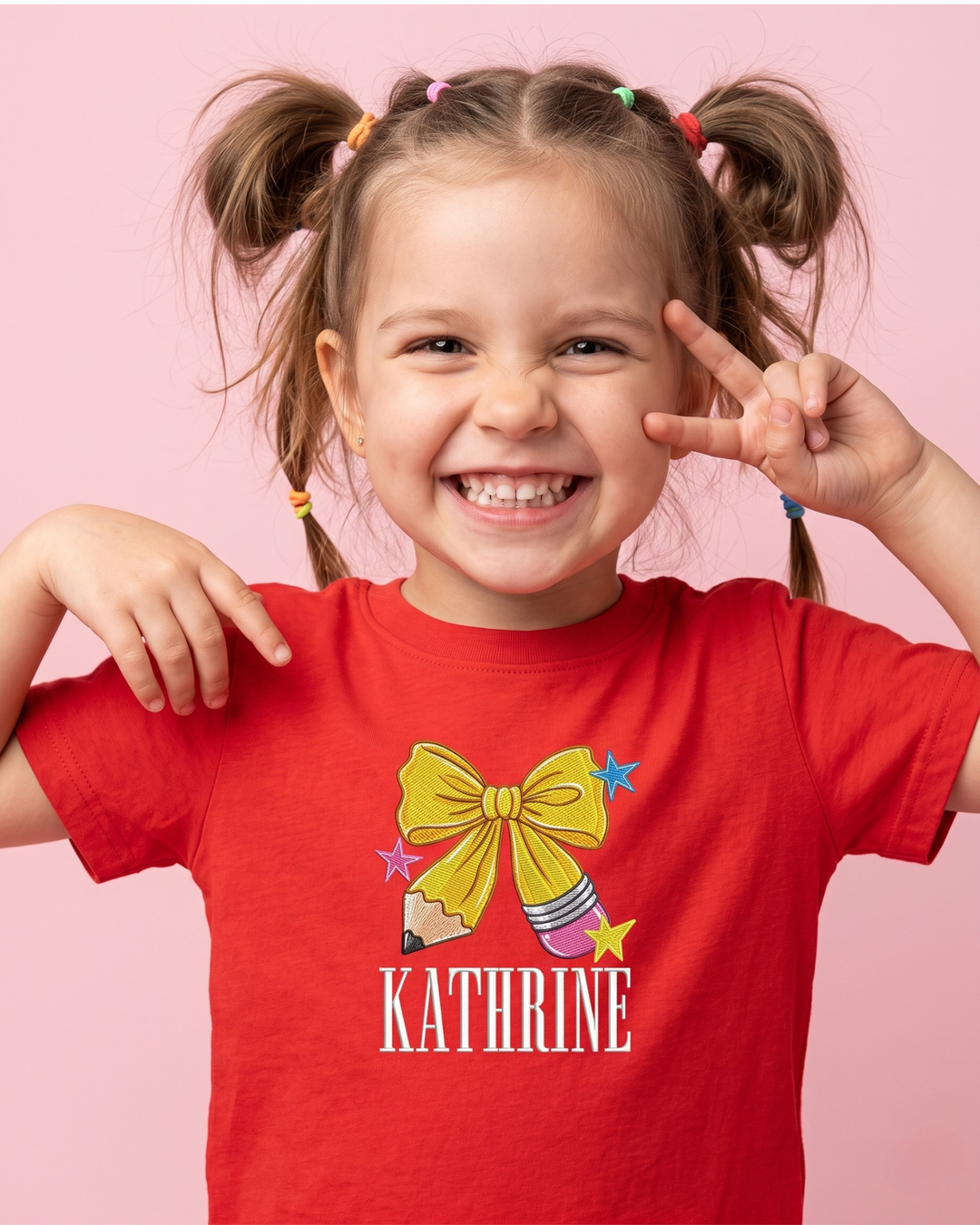 Custom Name Coquette Bow Pencil Embroidered Bamboo Crewneck T-Shirt