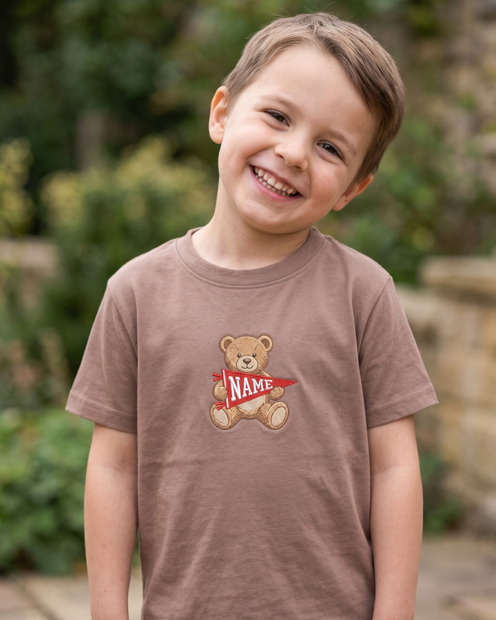 Custom Name Teddy Pennant Embroidered Bamboo Crewneck T-Shirt