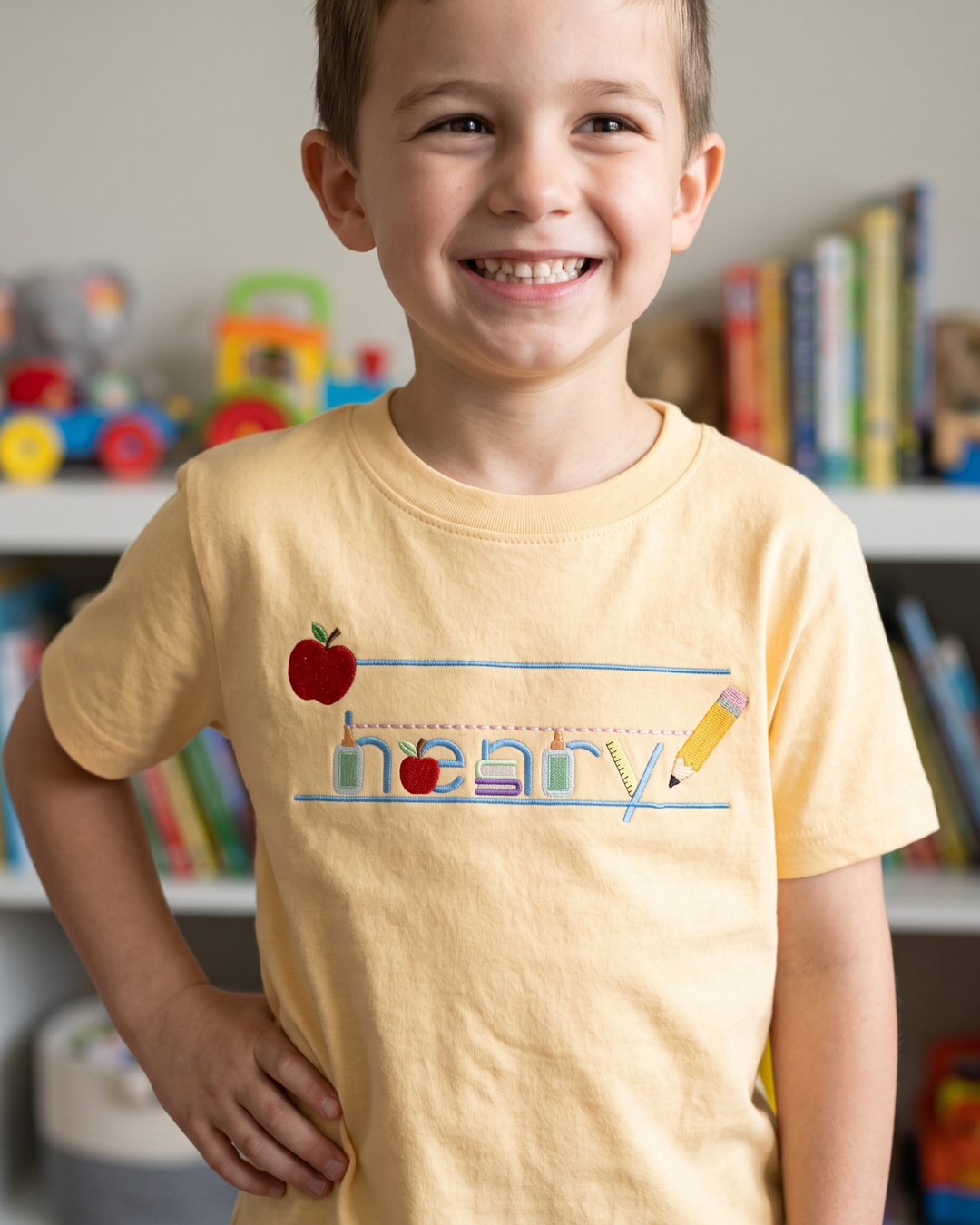 Custom School Supplies Alphabet Embroidered Bamboo Crewneck T-Shirt