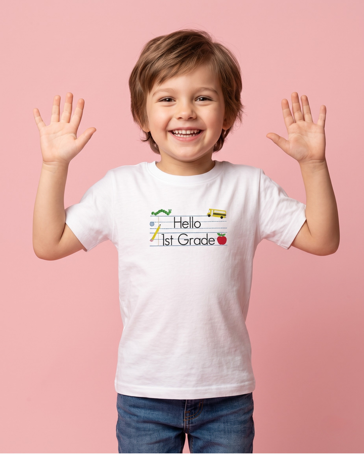 Hello 1st Grade Embroidered Bamboo Crewneck T-Shirt