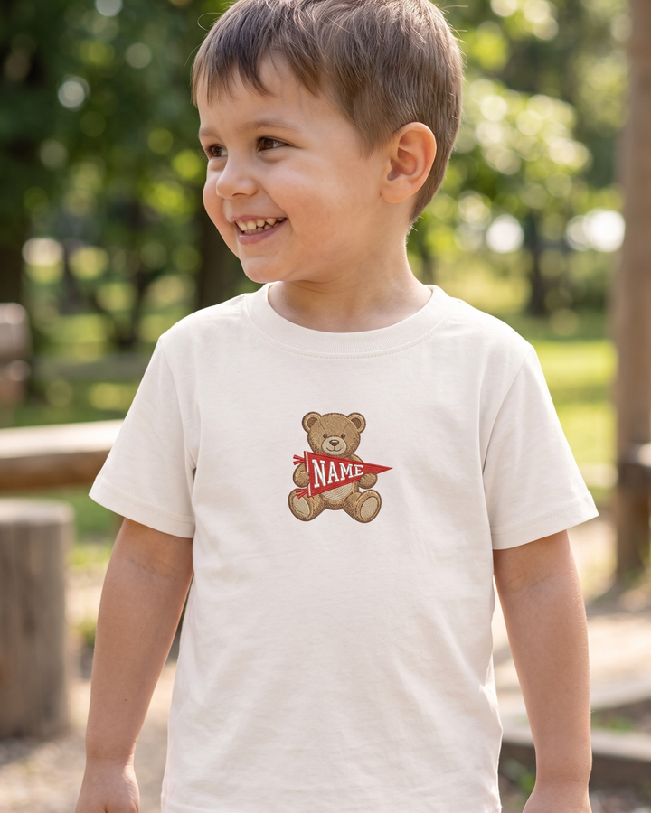 Custom Name Teddy Pennant Embroidered Bamboo Crewneck T-Shirt