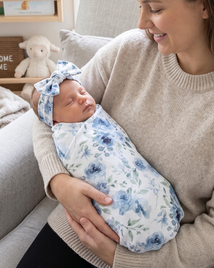 Blue Baby Blossom Bamboo Swaddle Blanket