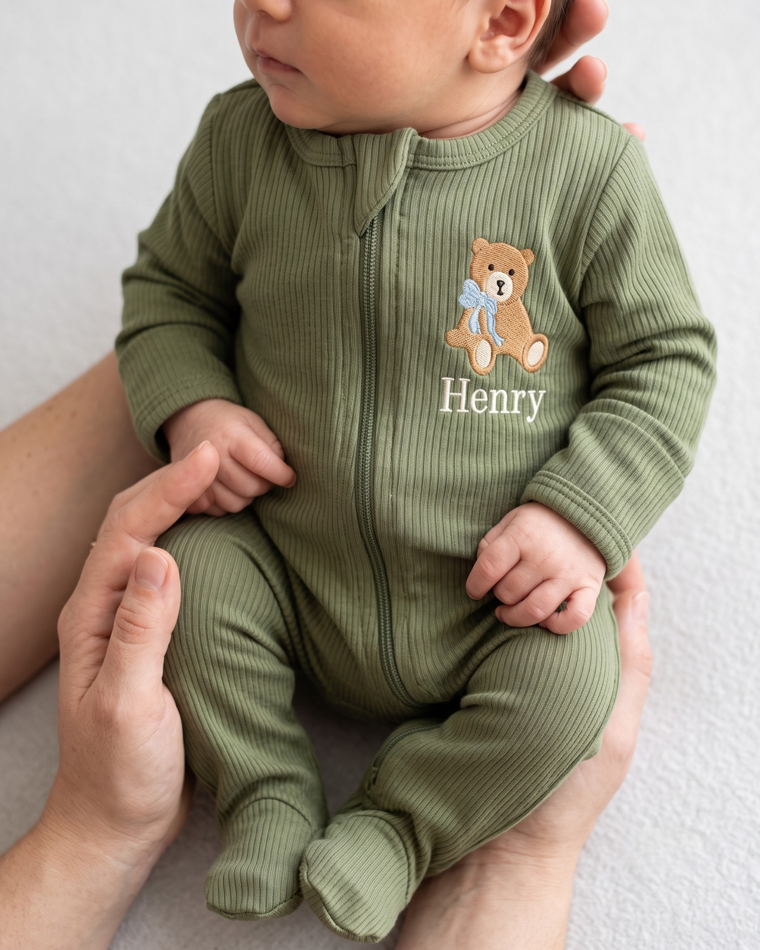 Personalized Teddy Bear Embroidered Ribbed Bamboo Zipper Footie