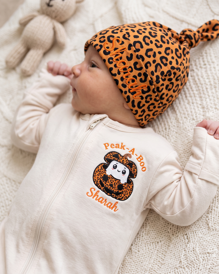 Custom Name Peek-A-Boo Pumpkin Ghost Applique Embroidered Bamboo Hat