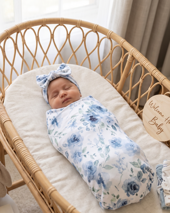 Blue Baby Blossom Bamboo Swaddle Blanket
