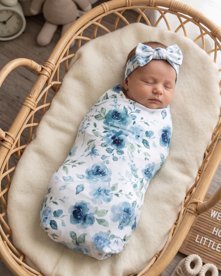 Blue Baby Blossom Bamboo Swaddle Blanket
