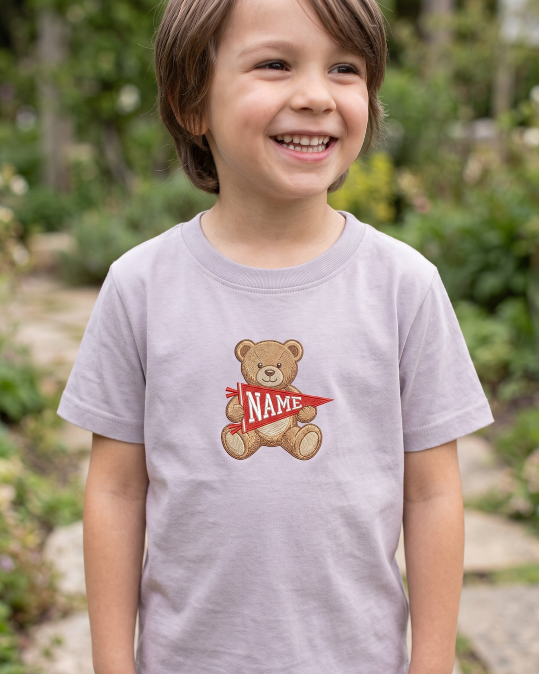 Custom Name Teddy Pennant Embroidered Bamboo Crewneck T-Shirt