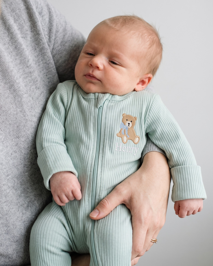 Personalized Teddy Bear Embroidered Ribbed Bamboo Zipper Footie