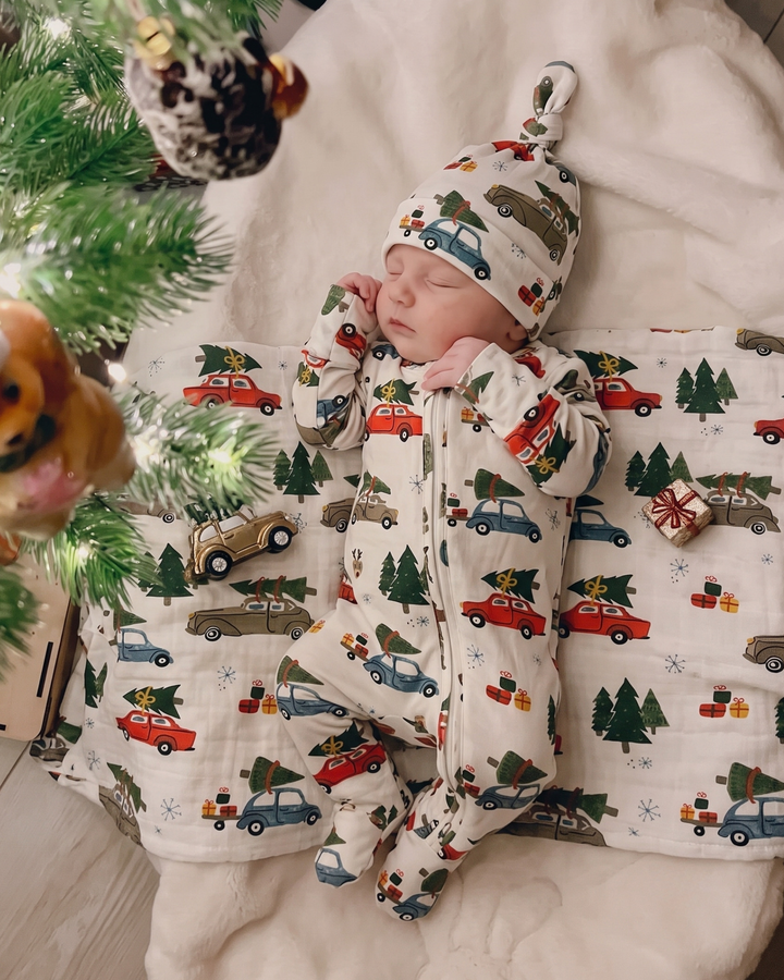 Christmas Tree Cars Bamboo Zipper Footie