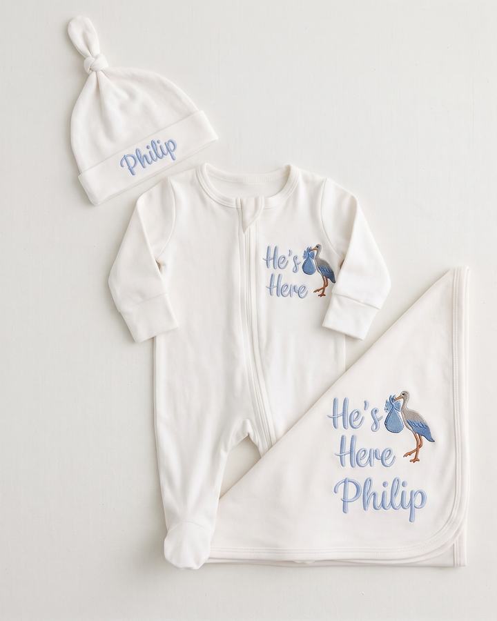He's Here Embroidered Bamboo Welcome Home Bundle