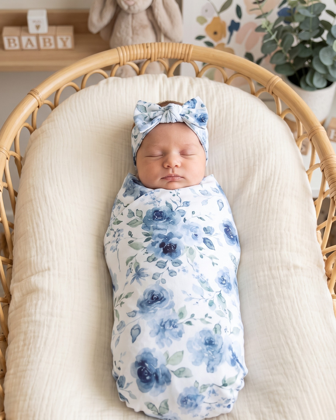 Blue Baby Blossom Bamboo Swaddle Blanket