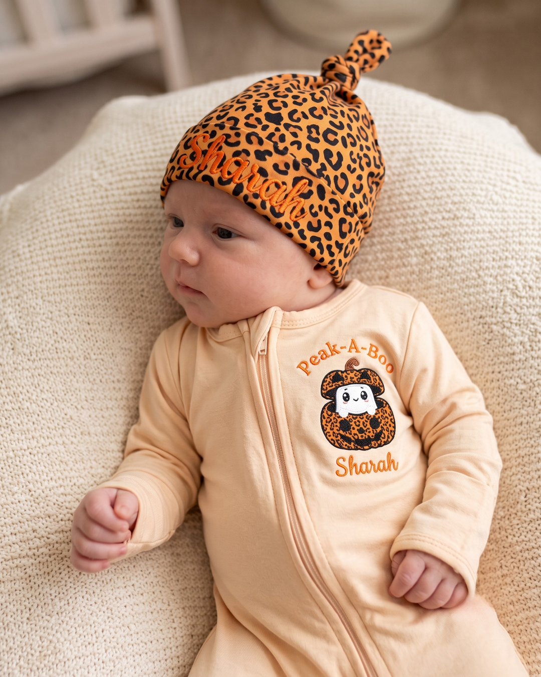 Custom Name Peek-A-Boo Pumpkin Ghost Applique Embroidered Bamboo Hat