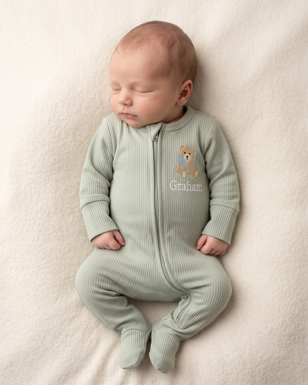 Personalized Teddy Bear Embroidered Ribbed Bamboo Zipper Footie