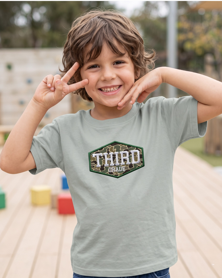 Custom Grade Camo Applique Embroidered Bamboo Crewneck T-Shirt