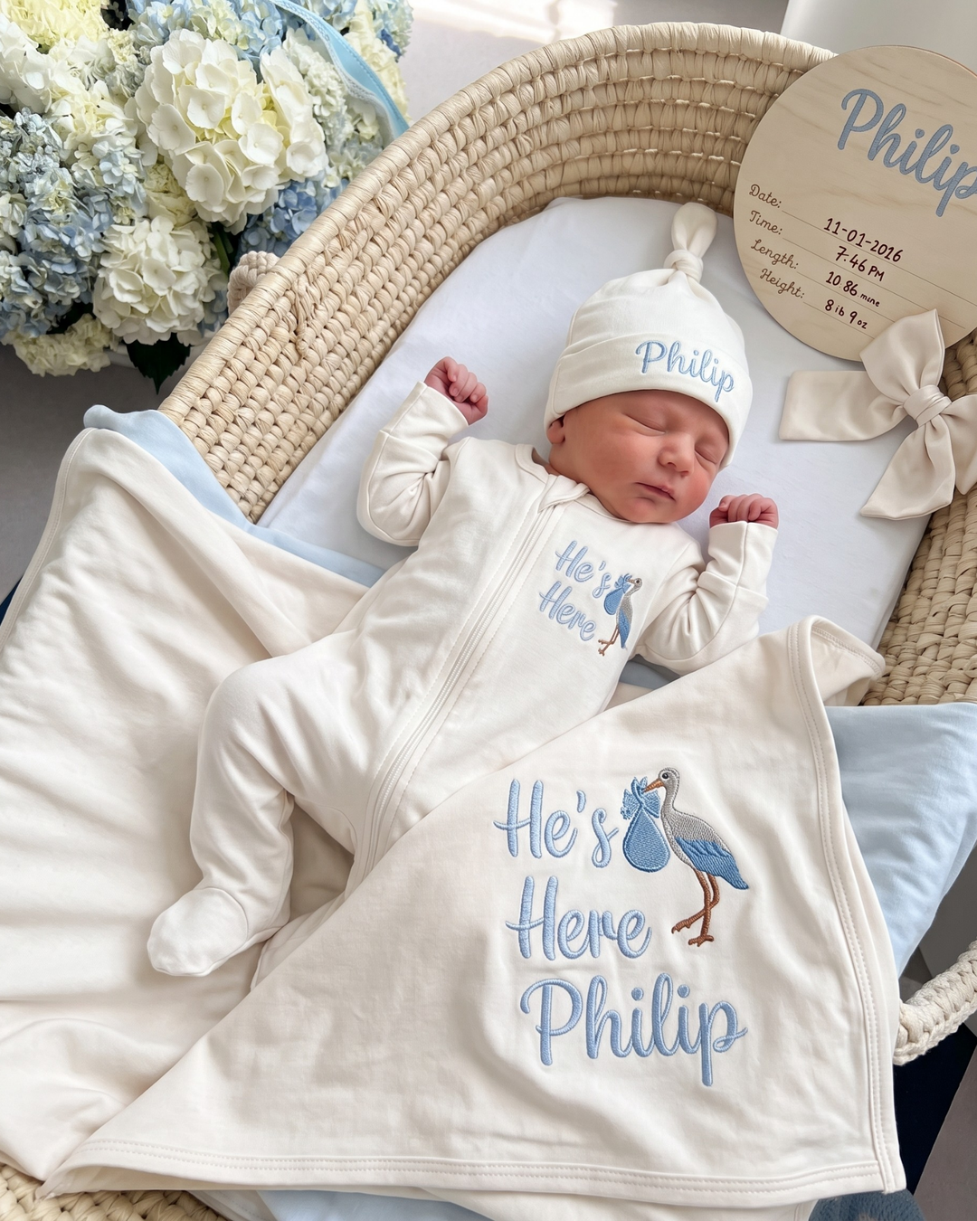 Personalized He's Here Embroidered Bamboo Blanket