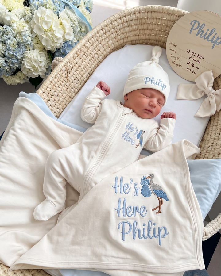 Personalized He's Here Embroidered Bamboo Blanket