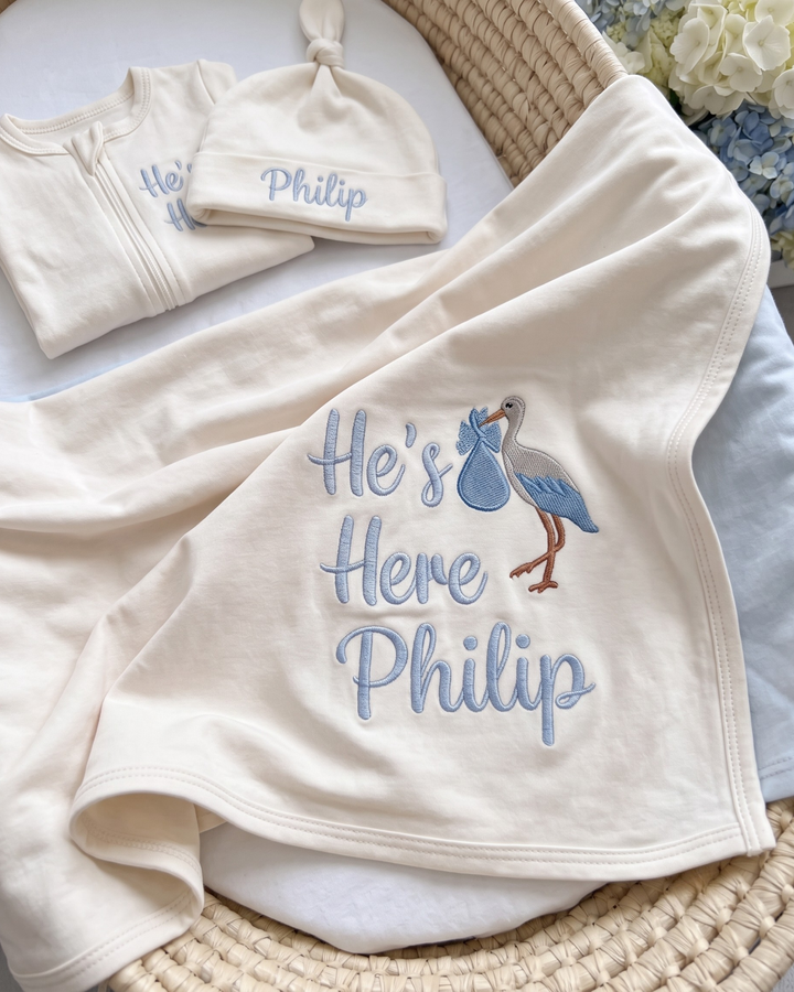 Personalized He's Here Embroidered Bamboo Blanket